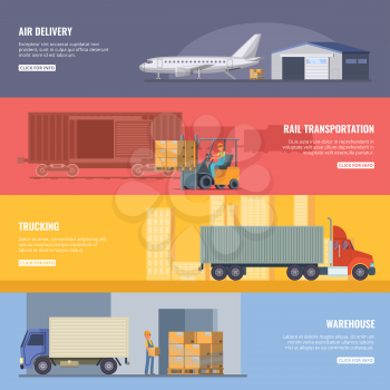 Horizontal banners of delivery or logistics services. Trucking industry. Fast transportation. Vector illustrations in cartoon style. Rail and air delivery, transportation cargo banner