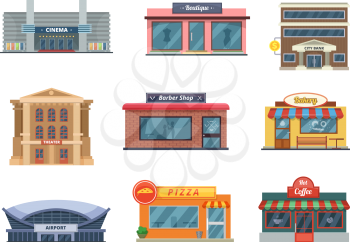 Shops and municipal buildings, mini stores and others. Vector pictures in cartoon style isolate on white. Cinema and barber shop bakery and coffee, pizza and airport illustration
