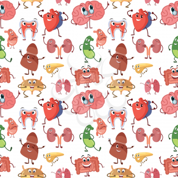 Internal human organs with funny smiles, in cartoon style. Vector seamless pattern with bladder and cartoon brain illustration