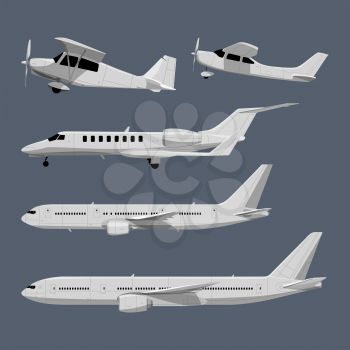 Vector illustrations of airplanes in cartoon style. Airplane travel and transportation, flight transport aviation