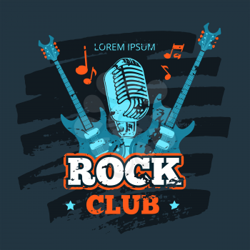 Shabby retro rock music club vector logo with guitar. Rock club banner, vector illustration
