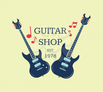 Vector guitar shop logo, emblem with musical notes. Musical shop sign illustration
