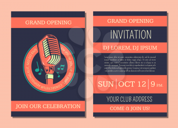 Vector invitation card template for opening karaoke music club, audio record studio with vintage microphone logo illustration