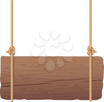 Wooden singboard hanging on ropes. Signboard wood with rope. Vector illustration
