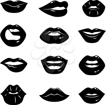 Monochrome illustrations of beautiful and glossy female lips isolated on white background. Black female kiss lips sexy vector