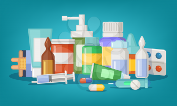 Pharmaceutical vector illustration of medical bottles and pills. Medical cure and cartoon medicament and vitamin