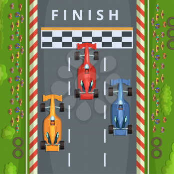 Racing cars on finish line. Top view racing illustrations. Vector finish race track, result of tournament formula one