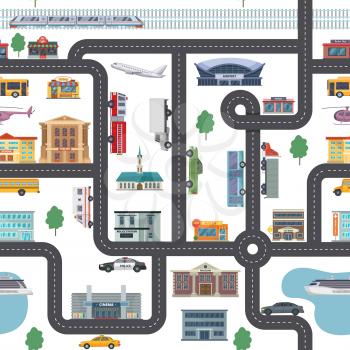 Urban landscape with different shops, buildings, offices and transport. Vector seamless city map in cartoon style. Top view traffic map with car and bus illustration