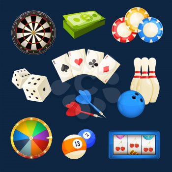 Dice, snooker, casino games, cards and other popular entertainments. Vector icon set elements for dice and snooker, casino game illustration