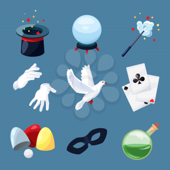 Magician icons set. Surprise vector illustrations in cartoon style. Magic wand, mystery book, cylinder and other different tools for performance show
