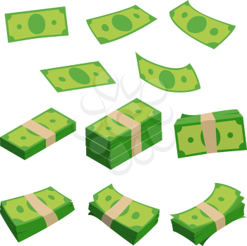 Monetary denomination, different stacks of money. Dollars isolated on white. Vector illustrations set of cash money currency, investment bill stack
