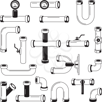 Tools for water pipeline isolated on white. Monochrome pictures. Vector silhouette pipeline and tube, pipe and plumbing equipment illustration
