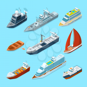 Isometric passenger sea ships and different boats in port. Marine illustrations. Ship and marine transport yacht and tanker vector