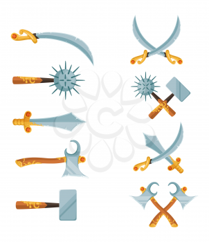 Vector set of cartoon game design crossed swords, axes weapon isolated on white background illustration