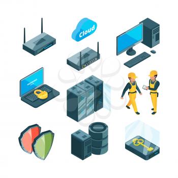 Isometric icon set of different electronic systems for datacenter. Network datacenter and connection device computer, vector illustration