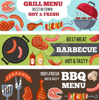 Vector horizontal banners set with illustrations of different foods for bbq party. Meat and sausage cooking grilled poster