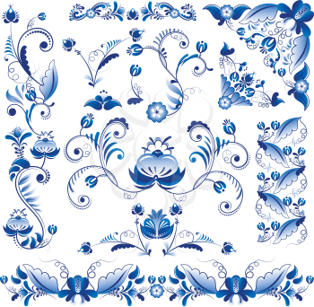 Vector borders, corners and other floral elements in Gzhel style. Ornament decorative floral flower pattern illustration