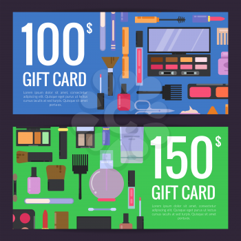 Vector gift card vouchers for beauty products with flat style makeup isolated on dark background illustration