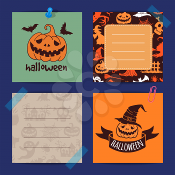 Vector halloween notes set template with witches, pumpkins, ghosts, spiders silhouettes illustration