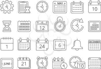 Mono line pictures set of time managements symbols. Calendar month and reminder clock alarm, linear time button. Vector illustration