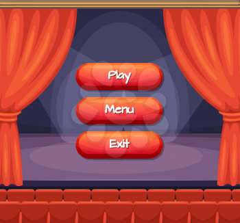 Vector cartoon style buttons with text for game design on theater scene with curtains background. Interface game menu illustration