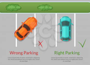 Vector wrong and right parking cars on the parking lot top view illustration. Car parking view road