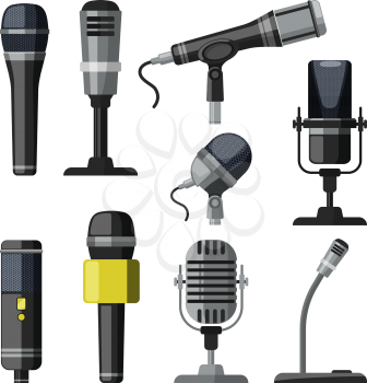 Recorder, microphone and dictaphone for reporters. Vector illustrations in cartoon style microphone equipment and dictaphone for record multimedia