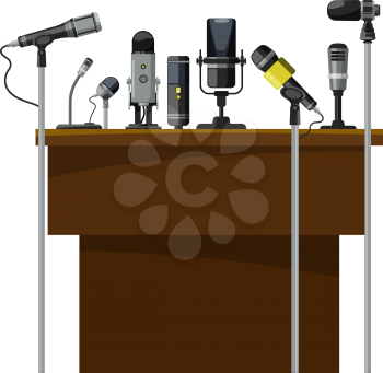 Tribune for speakers and different microphones. Conference visualization. Conference speech presentation on rostrum or tribune, vector illustration