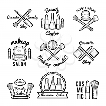 Labels set for beauty salon. Monochrome pictures set of different makeup tools. Logo and emblem beauty salon, and manicure center, vector illustration