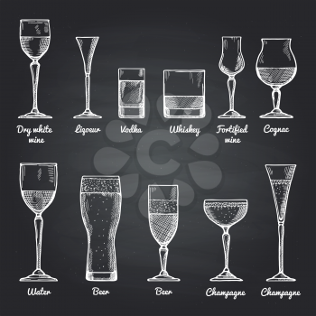 Vector illustrations of alcoholic drinking glasses on black chalkboard. Vector drawing pictures alcohol drink sketch for bar menu dry wine and liquor, vodka and whiskey