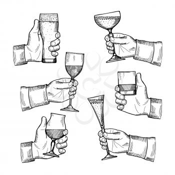 Illustrations of different alcoholic drinking glasses in hands. Vector hand drawn pictures isolate. Alcohol drink toast, beverage in engraving glass