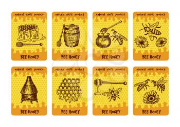 Labels design for packaging of honey products. Illustrations of honey and honeycomb. Honey sweet and bee, label banner sweet food