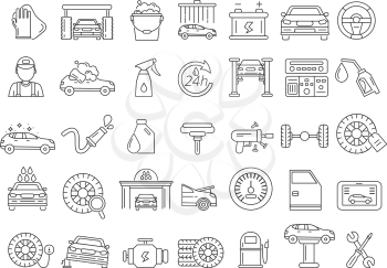 Vector mono line pictures of automobile parts. Repair car services. Repair car, diagnostics and wash automobile service illustration