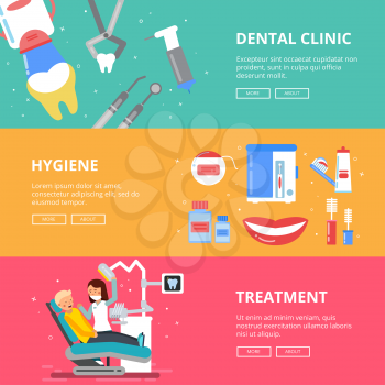 Three horizontal banners of medicine concept. Dental pictures of drilling teeth. Medical accessories of dentist. Treatment dental, hygiene dental banner illustration