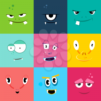 Set of cartoon monsters faces with different emotions. Colored flat monster face characters, vector illustration