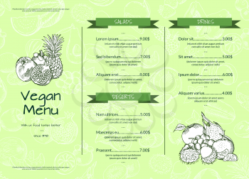 Vector horizontal one page doodle handdrawn fruits and vegetables vegan healthy menu template with ribbons and organic food illustration