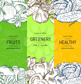 Vector vegan, healthy, organic banner set with doodle sketched fruits and vegetables. Healthy fruits and greenery illustration