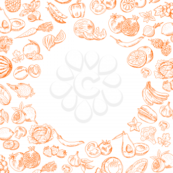 Vector handdrawn doodle fruits and vegetables set with round empty place for your text illustration