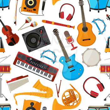 Speakers, amplifier, synthesizer and other music instruments and accessories. Vector seamless pattern with musical instrument, guita and microphone illustration