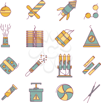 Dynamite, bomb, fireworks and other pyrotechnics tools. Vector linear illustration. Firecracker and pyrotechnic, petard and rocket vintage style