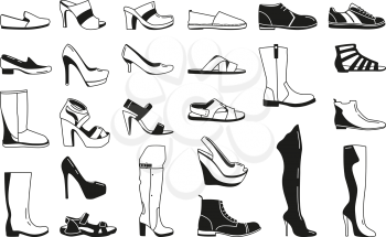 Fashion monochrome pictures. Silhouette of shoes for men and women. Fashion footwear female and male. Vector illustration