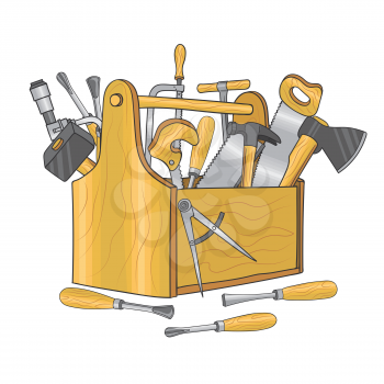 Wooden box for carpentry tools. Hand drawn vector illustration. Toolbox wooden with saw and hardware hammer