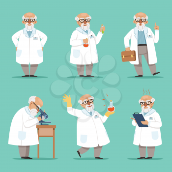 Character of old scientist or chemist. Mascot design of crazy professor. Male teacher. Vector pictures set. Chemist and scientist professor, experiment and science illustration