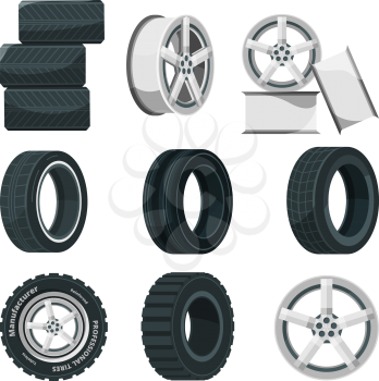Icon set of different disks for wheels and tires. Vector pictures set in cartoon style. Illustration of car disk and tire, wheel rim for automobile