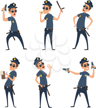 Policemen in different action poses. Security mens in cartoon style. Police security, policeman officer, cop in uniform, vector illustration