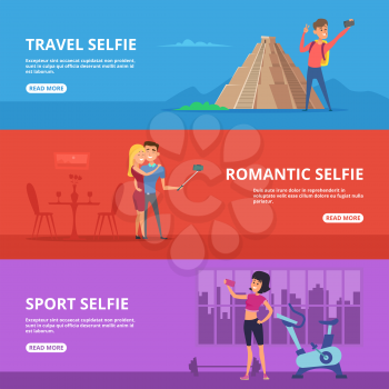 Banners set with illustrations of couples and happy characters making selfie. Vector selfie couple photo, romantic travel and sport selfie