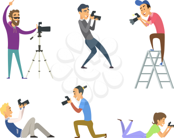 Set of photographers at work. Male and female cartoon characters with digital cameras. Photographer woman and man with professional camera. Vector illustration