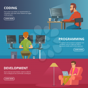 Horizontal banners with illustrations of designers and programmers. Vector programmer man with computer in office vector