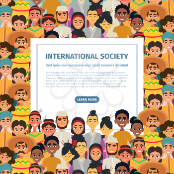 International community with different multicultural peoples male and female. Background with place for your text. Vector people society and community group illustration