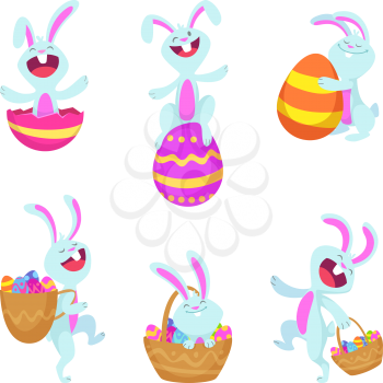 Set characters of easter rabbits. Bunny with basket amd colored eggs. Vector illustration